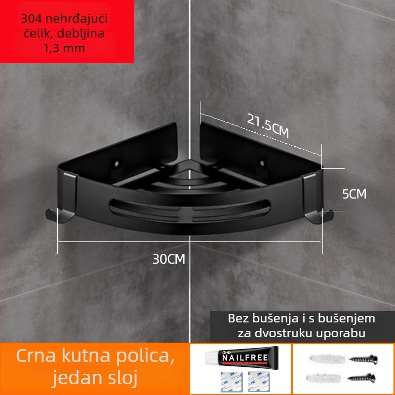 Nehrđajući čelični kupaonski trokutasti polic, ogledni završetak, nosivost 20 kg, 1–3 police, montaža bez bušenja