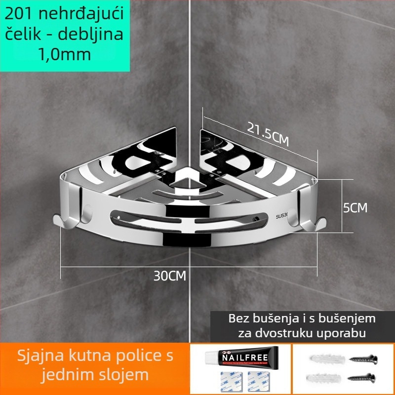 Nehrđajući čelični kupaonski trokutasti polic, ogledni završetak, nosivost 20 kg, 1–3 police, montaža bez bušenja