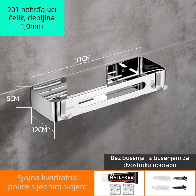 Nehrđajući čelični kupaonski trokutasti polic, ogledni završetak, nosivost 20 kg, 1–3 police, montaža bez bušenja