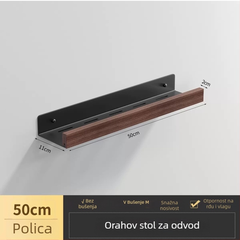 Ormar za kupaonicu od orahovog drveta, montaža bez bušenja u zidu; aluminijska legura i drvo, nosivost 40 kg, jedan sloj, površinska obrada: bez prašine i vodootporan vosak, moderan minimalistički stil