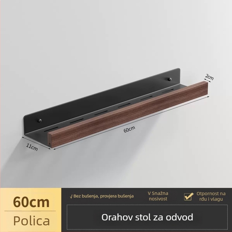 Ormar za kupaonicu od orahovog drveta, montaža bez bušenja u zidu; aluminijska legura i drvo, nosivost 40 kg, jedan sloj, površinska obrada: bez prašine i vodootporan vosak, moderan minimalistički stil