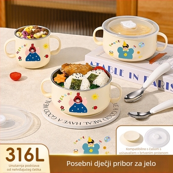 Dječja zdjela od 316L nehrđajućeg čelika s poklopcem i usisnom čašom, s dvije ručke, crtić dizajn, mikrovalna sigurna