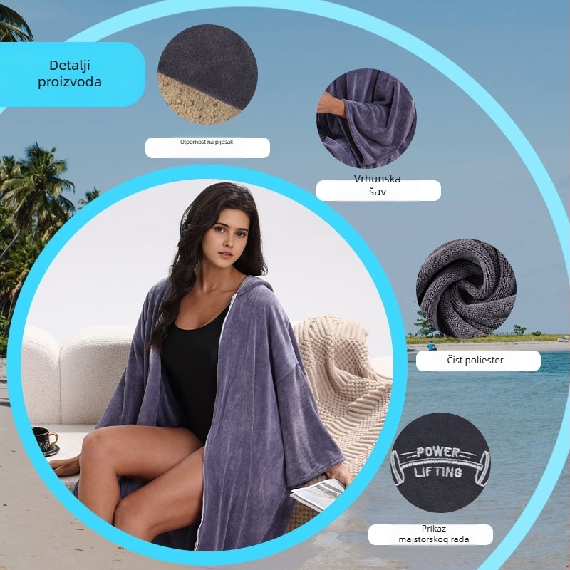 Unisex mikrofiber ogrtač-pončo s kapuljom, brzo suši i upija vlagu, 400–500 g, 150d vlakno, ravno tkanje