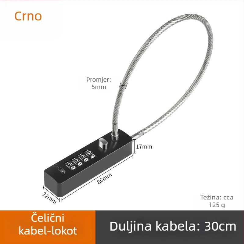 Mehanički lokot s čeličnim kabelom, promjer 5 mm, model G-GSGS-240420, pogodan za prtljagu, vrata ormarića i košare za bicikle