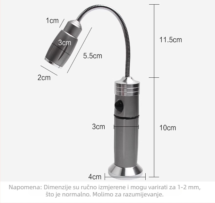 LED radna svjetiljka s fleksibilnom cijevi, Ledora čip, punjiva, podesivi fokus, tijelo od aluminijske legure, ≤100 lm
