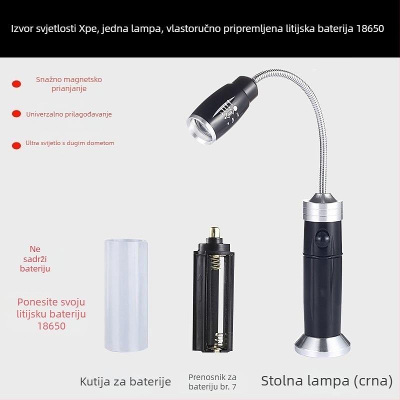 LED radna svjetiljka s fleksibilnom cijevi, Ledora čip, punjiva, podesivi fokus, tijelo od aluminijske legure, ≤100 lm