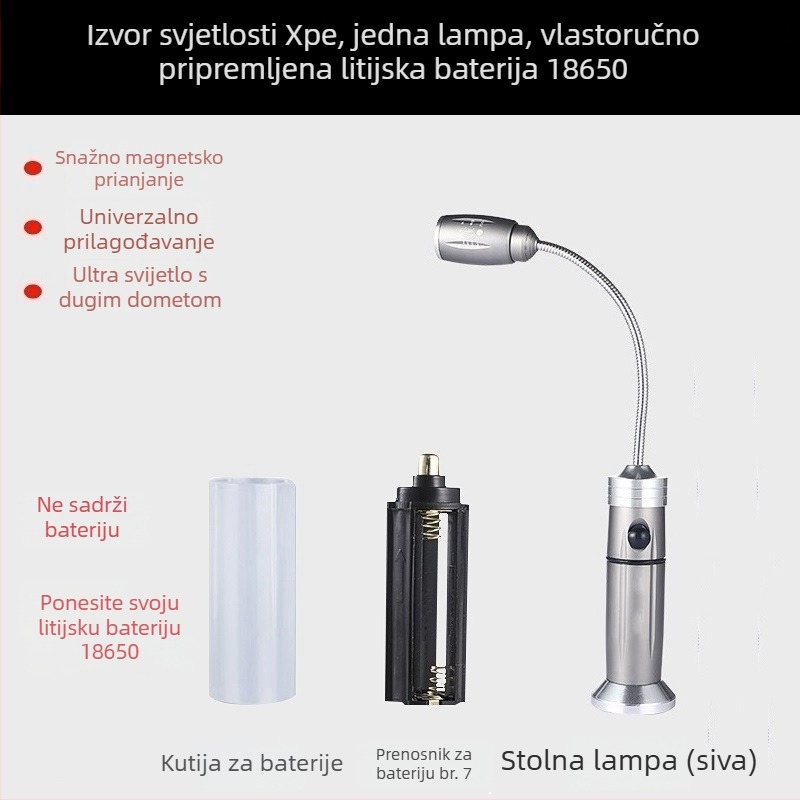 LED radna svjetiljka s fleksibilnom cijevi, Ledora čip, punjiva, podesivi fokus, tijelo od aluminijske legure, ≤100 lm