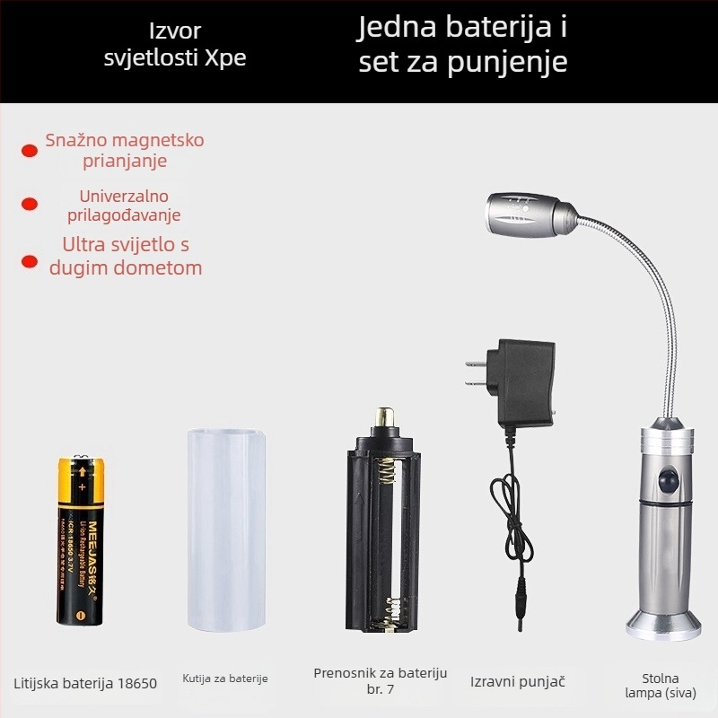 LED radna svjetiljka s fleksibilnom cijevi, Ledora čip, punjiva, podesivi fokus, tijelo od aluminijske legure, ≤100 lm
