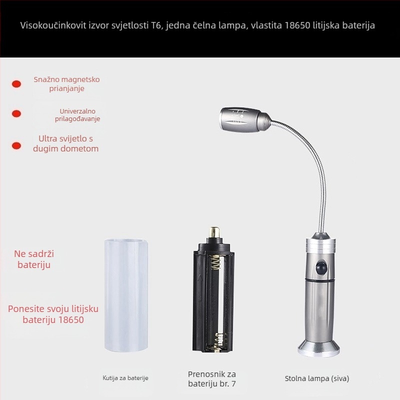 LED radna svjetiljka s fleksibilnom cijevi, Ledora čip, punjiva, podesivi fokus, tijelo od aluminijske legure, ≤100 lm