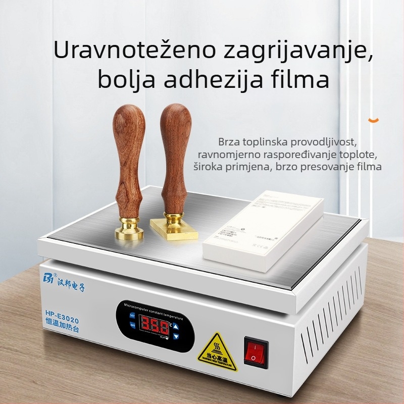 Stroj za toplinsko pečatiranje i zatvaranje folije za termičku redukciju, s drvenom ručkom, bakrenom glavom te četvrtastim ili kružnim voskom žigovima