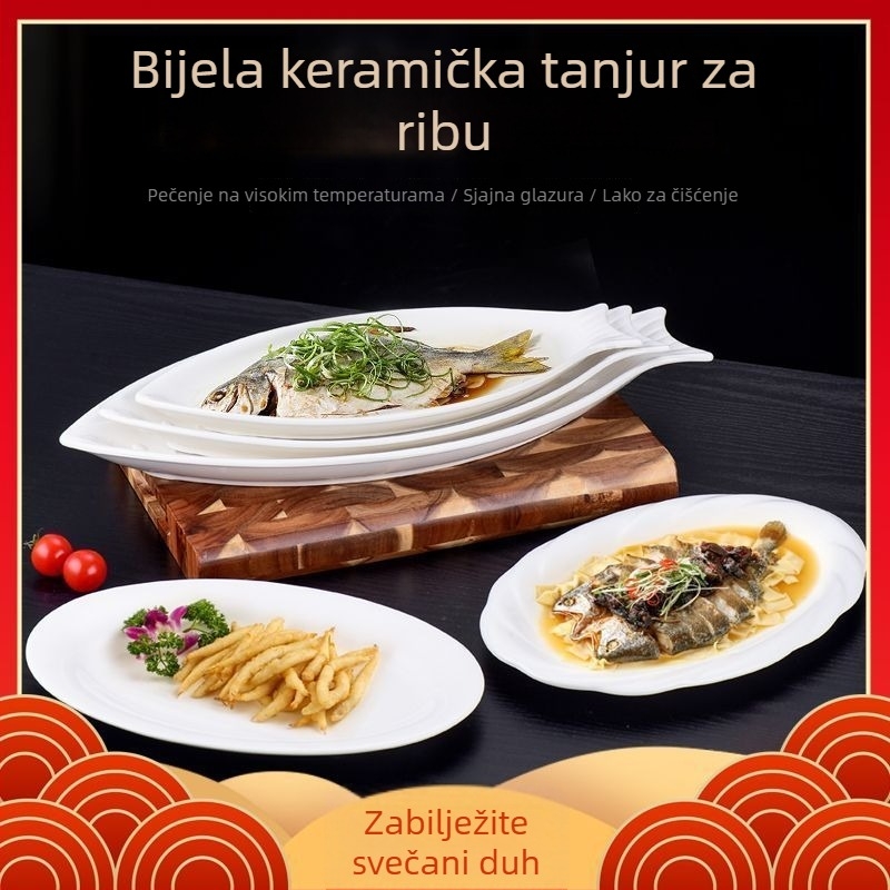 Tanij za ribu, keramika, ovalni oblik, moderan minimalistički stil, dekor pod glazurom