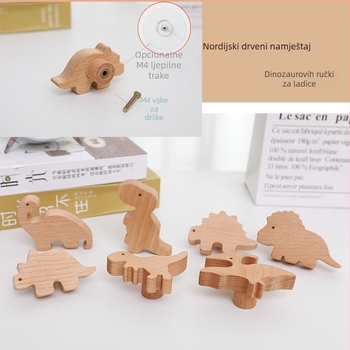 Drška za vrata ormara od drveta za dječju sobu, gravirani motiv dinosaura, nordijski stil