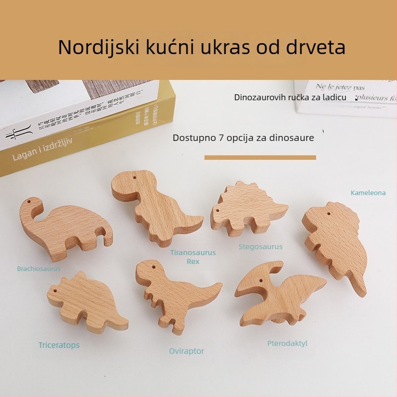 Drška za vrata ormara od drveta za dječju sobu, gravirani motiv dinosaura, nordijski stil