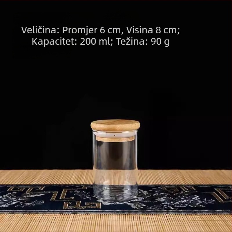 Prozirna kutija za pohranu zbirke, zatvorena staklena posuda i staklena boca, perle od agarovog drveta i narukvica, izložbena kutija od oraha