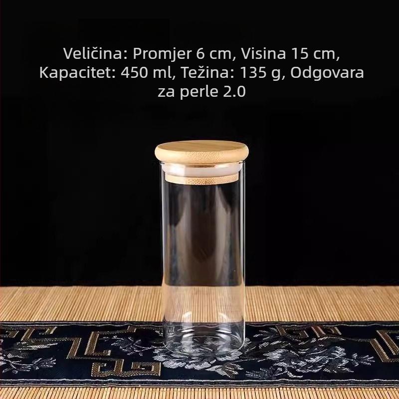 Prozirna kutija za pohranu zbirke, zatvorena staklena posuda i staklena boca, perle od agarovog drveta i narukvica, izložbena kutija od oraha
