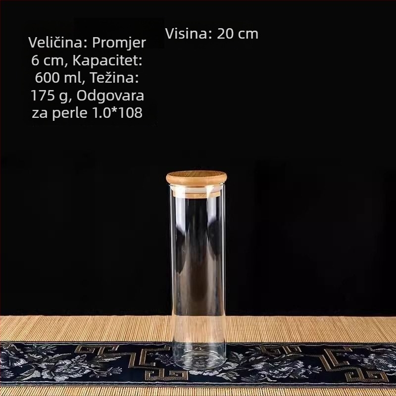 Prozirna kutija za pohranu zbirke, zatvorena staklena posuda i staklena boca, perle od agarovog drveta i narukvica, izložbena kutija od oraha
