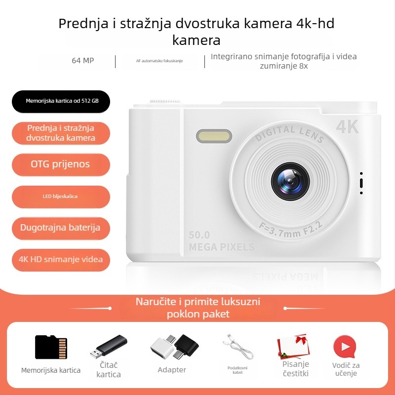 White Deer 100MP CCD digitalni fotoaparat s dvostrukom kamerom za selfije studentima na kampusu – početni razred, kompaktan i prijenosan