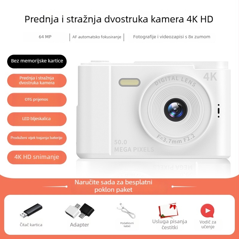 White Deer 100MP CCD digitalni fotoaparat s dvostrukom kamerom za selfije studentima na kampusu – početni razred, kompaktan i prijenosan