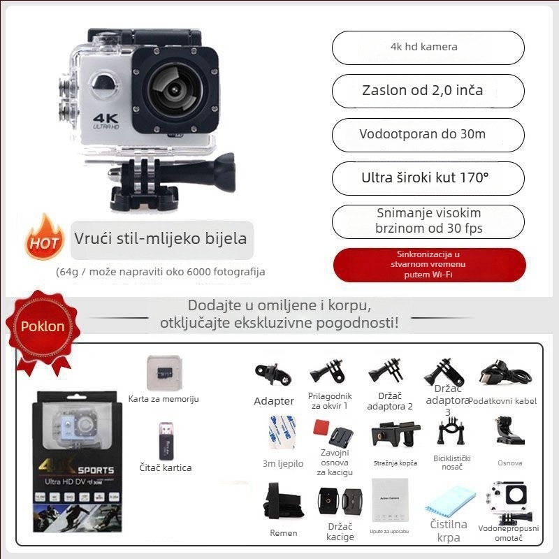 Kamera za kacigu motocikla s dvostrukom anti-shake stabilizacijom, 4K snimanje, 360° panoramska snimka, 1,5" LCD, 10x optički zum