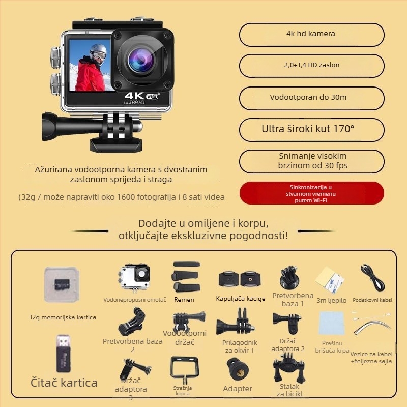 Kamera za kacigu motocikla s dvostrukom anti-shake stabilizacijom, 4K snimanje, 360° panoramska snimka, 1,5" LCD, 10x optički zum