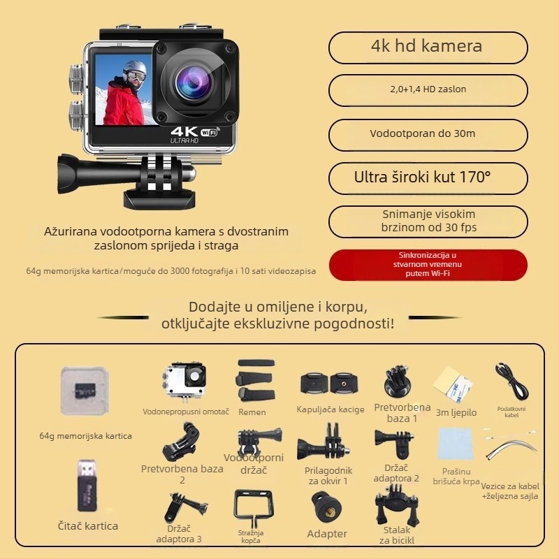 Kamera za kacigu motocikla s dvostrukom anti-shake stabilizacijom, 4K snimanje, 360° panoramska snimka, 1,5" LCD, 10x optički zum