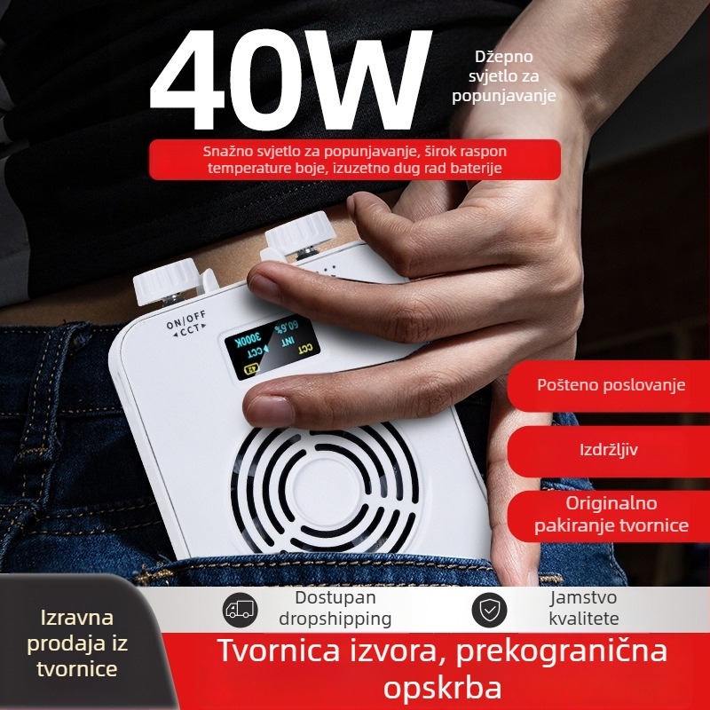 40W LED svjetlo za popunjavanje - prenosno, s integriranom baterijom, 7.4V, za live streaming, fotografiju i video, na otvorenom