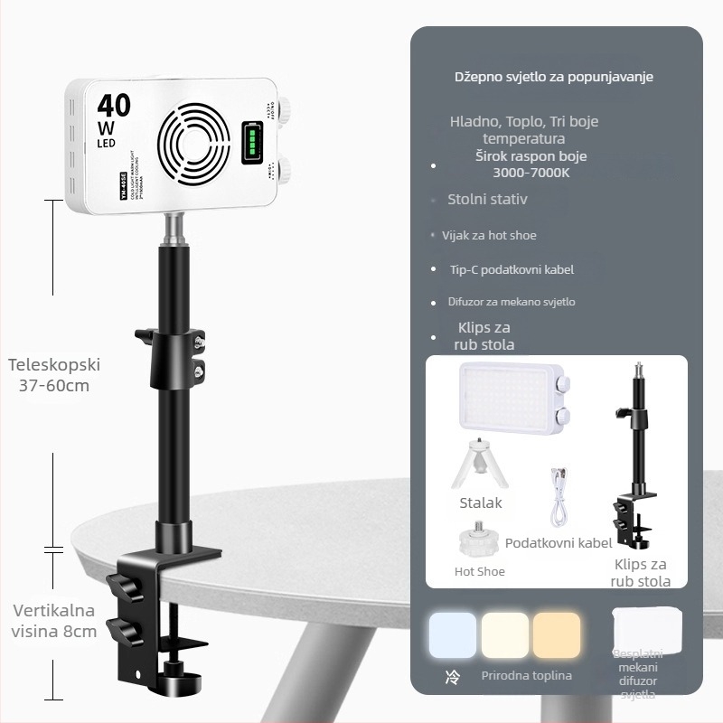 40W LED svjetlo za popunjavanje - prenosno, s integriranom baterijom, 7.4V, za live streaming, fotografiju i video, na otvorenom