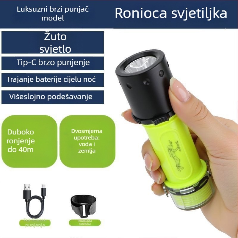 Potapljačka svjetiljka za podvodno osvjetljenje, vodootporna, punjiva, plastično kućište, snažna svjetlost, za morski ribolov