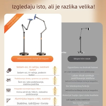 Stalak za telefon i tablet za live streaming; tri ruke, sedam osi; aluminijska konstrukcija; podna stalak; snimanje odozgo