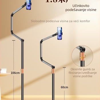 Stalak za telefon i tablet za live streaming; tri ruke, sedam osi; aluminijska konstrukcija; podna stalak; snimanje odozgo