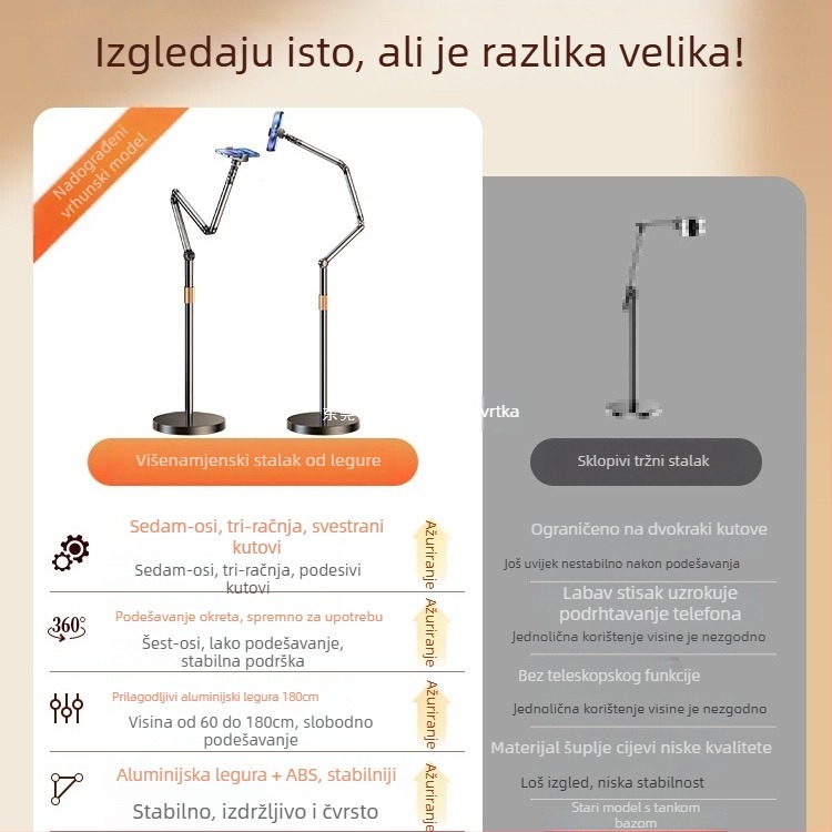 Stalak za telefon i tablet za live streaming; tri ruke, sedam osi; aluminijska konstrukcija; podna stalak; snimanje odozgo
