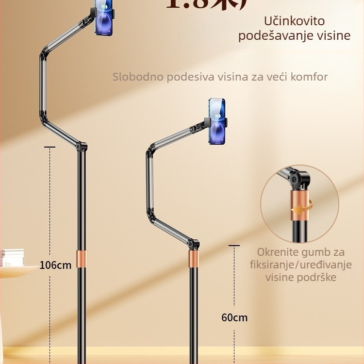 Stalak za telefon i tablet za live streaming; tri ruke, sedam osi; aluminijska konstrukcija; podna stalak; snimanje odozgo