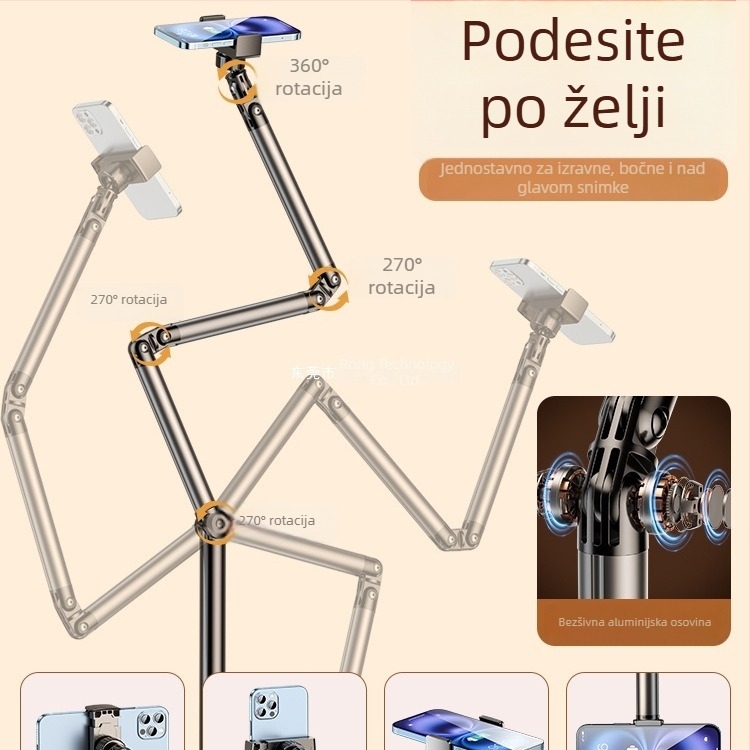Stalak za telefon i tablet za live streaming; tri ruke, sedam osi; aluminijska konstrukcija; podna stalak; snimanje odozgo