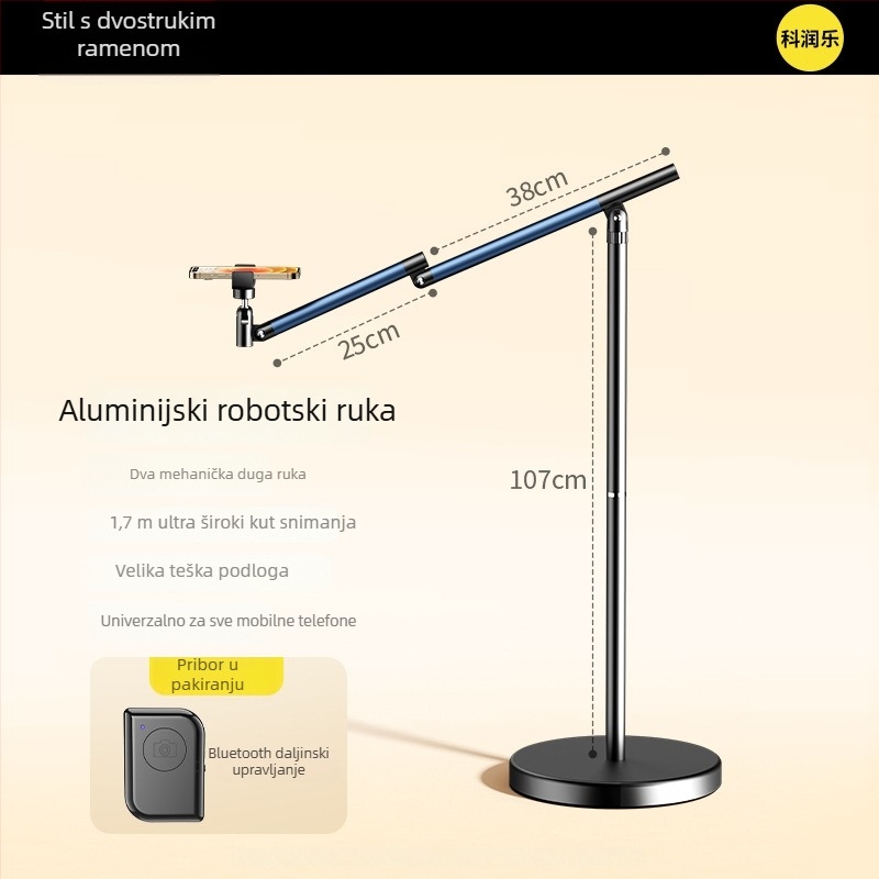 Stalak za telefon i tablet za live streaming; tri ruke, sedam osi; aluminijska konstrukcija; podna stalak; snimanje odozgo