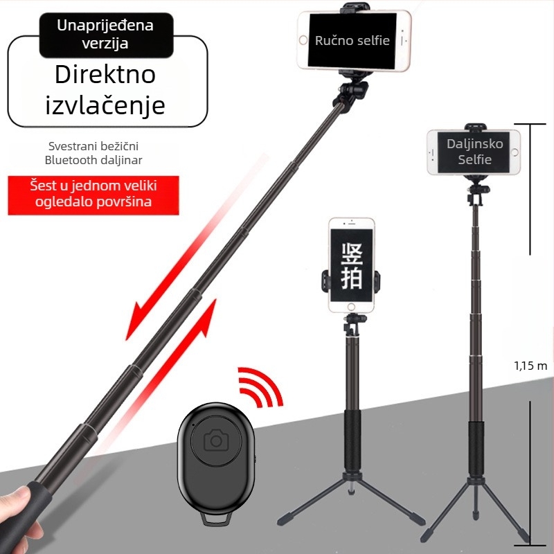 Selfie štap C8 s Bluetoothom, LED rasvjetom i daljinskim upravljačem – nehrđajući čelik, monopod za pametni telefon