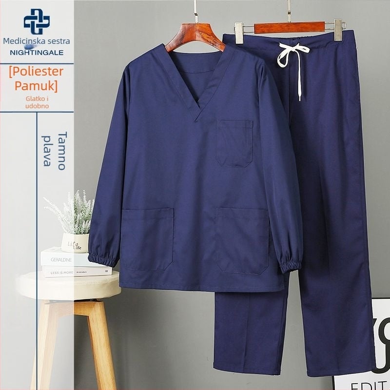 Set scrubs od 100% pamuka, unisex, dugi rukavi, za operacijske dvorane, veterinarske klinike i stomatološke ordinacije.