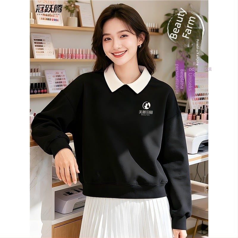 Visokokvalitetna radna odjeća za kozmetičare — prilagođeni sweatshirt s logom za salone noktiju i ljepote, jesen-zima, s ovratnikom od krzna i dugim rukavima. Glavni materijal: spandeks; udio tkanine ispod 30%; funkcija protiv prljavštine i dezinfekcije.