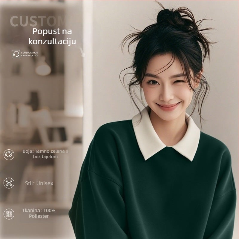 Visokokvalitetna radna odjeća za kozmetičare — prilagođeni sweatshirt s logom za salone noktiju i ljepote, jesen-zima, s ovratnikom od krzna i dugim rukavima. Glavni materijal: spandeks; udio tkanine ispod 30%; funkcija protiv prljavštine i dezinfekcije.