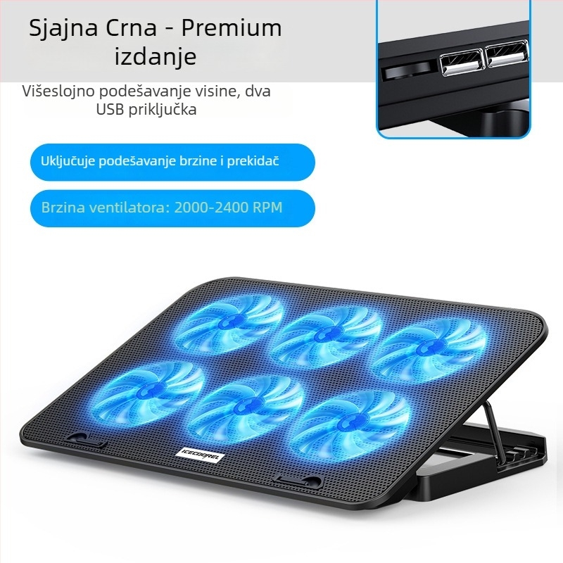 Hlađenje podloge za notebook A9, 6 ventilatora, metalna mreža, kabel 0,7 m, kompatibilna s notebookima