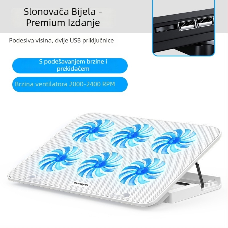 Hlađenje podloge za notebook A9, 6 ventilatora, metalna mreža, kabel 0,7 m, kompatibilna s notebookima