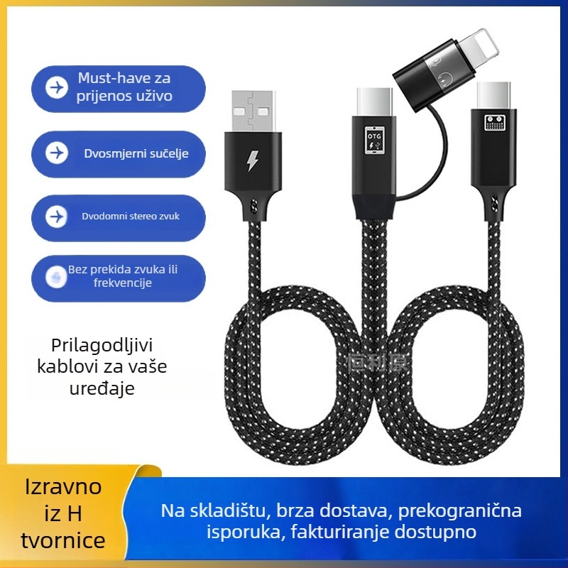 Višestruki OTG audio kabel, 1–2 grane, Apple Type-C kompatibilan, produženi prijenos, sučelja Lightning/OTG/Micro USB/Type-C, maksimalna izlazna snaga 10, materijal: tkanina
