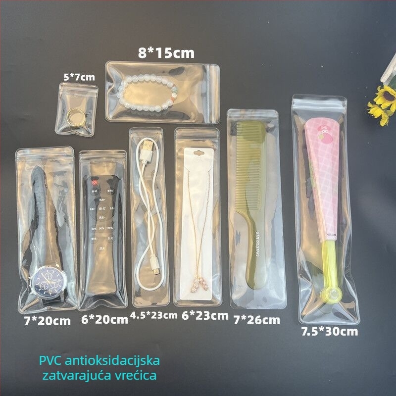 Prozirna debela PVC vrećica sa samouzavaranjem za pakiranje nakita i dodataka (PVC materijal; zatvaranje: samouzavaranje; pogodno za nakit, satove, ukosnice, četkice za šminku, češljeve)