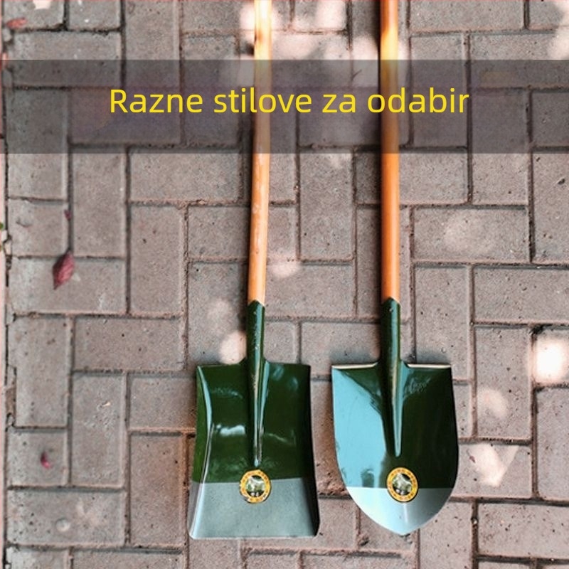 Lopata od manganskog čelika s drvenom drškom, čvrsta cjelovita metalna konstrukcija, oštra četvrtasta ravna glava, za kućnu upotrebu