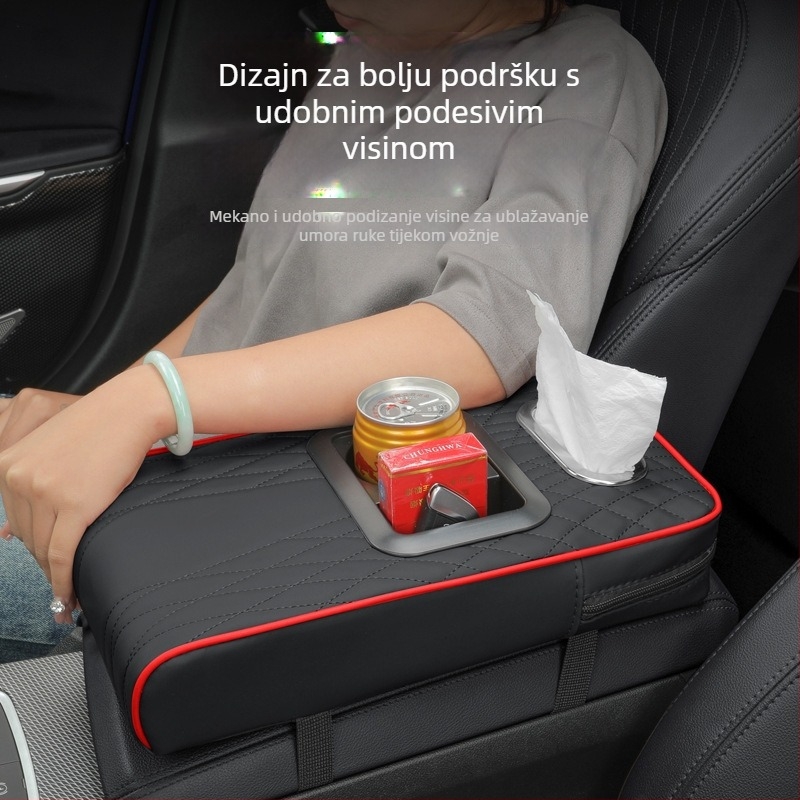 Kožna podloga za naslon za ruku s držačem za čaše i kutijom za maramice, univerzalna, prilagodljiva, marka Luda