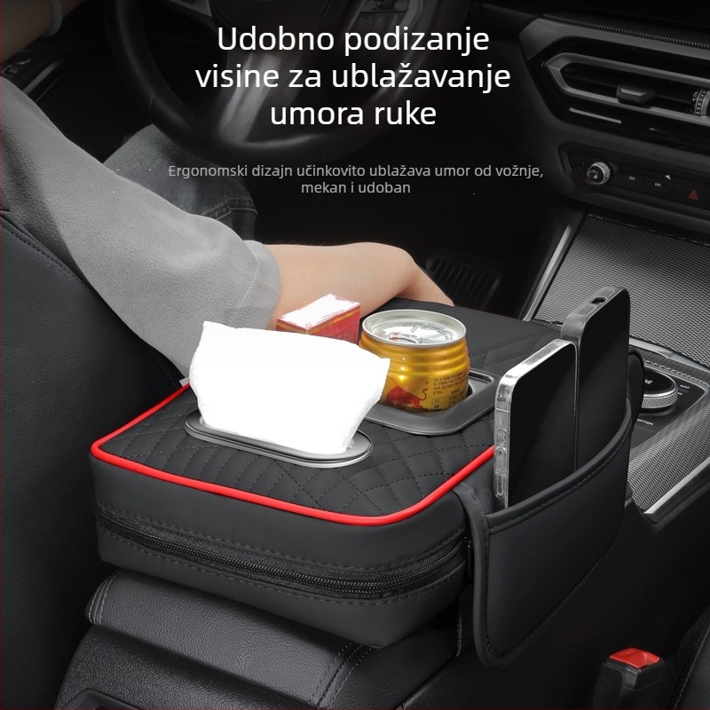 Kožna podloga za naslon za ruku s držačem za čaše i kutijom za maramice, univerzalna, prilagodljiva, marka Luda