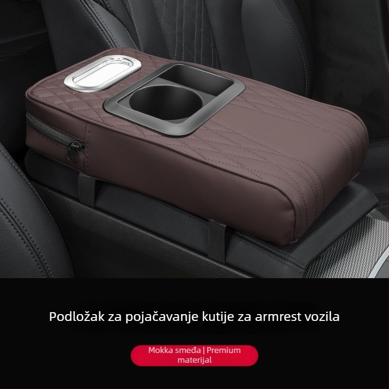 Kožna podloga za naslon za ruku s držačem za čaše i kutijom za maramice, univerzalna, prilagodljiva, marka Luda