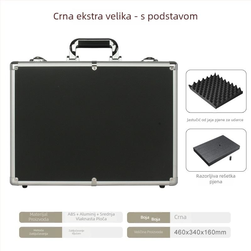 Kutija alata od aluminijskog legura, Prijenosna kutija za pohranu, Vanjski materijal MDF+ABS, Okvir od aluminijskog legura