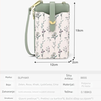 Suphiar PU kožna crossbody torbica za mobitel s pretincem za kartice, uspravni kvadratni oblik, gradski minimalistički stil