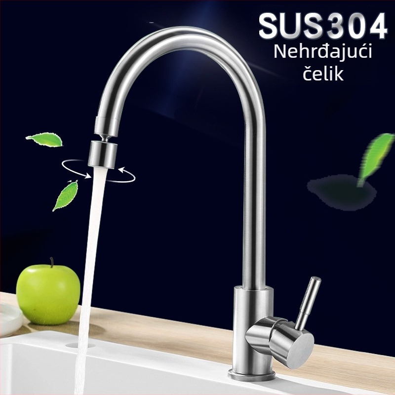 Kuhinjski miješajući faucet, 304 nerđajući čelik, jednoruk, keramički kartridž, 0–80°C