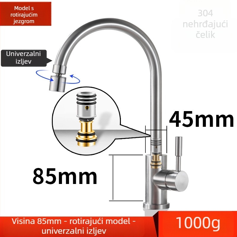 Kuhinjski miješajući faucet, 304 nerđajući čelik, jednoruk, keramički kartridž, 0–80°C